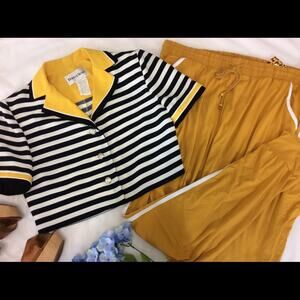 Danny & Nicole Vintage Striped Navy Yellow Short Sleeve Suit Jacket Sz 6